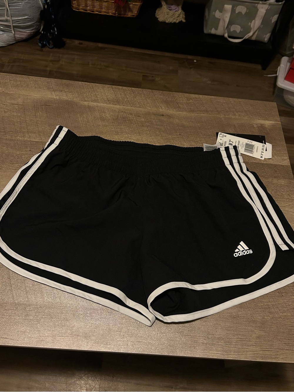 adidas Black Athletic Shorts with White Trim and Logo — Size Medium